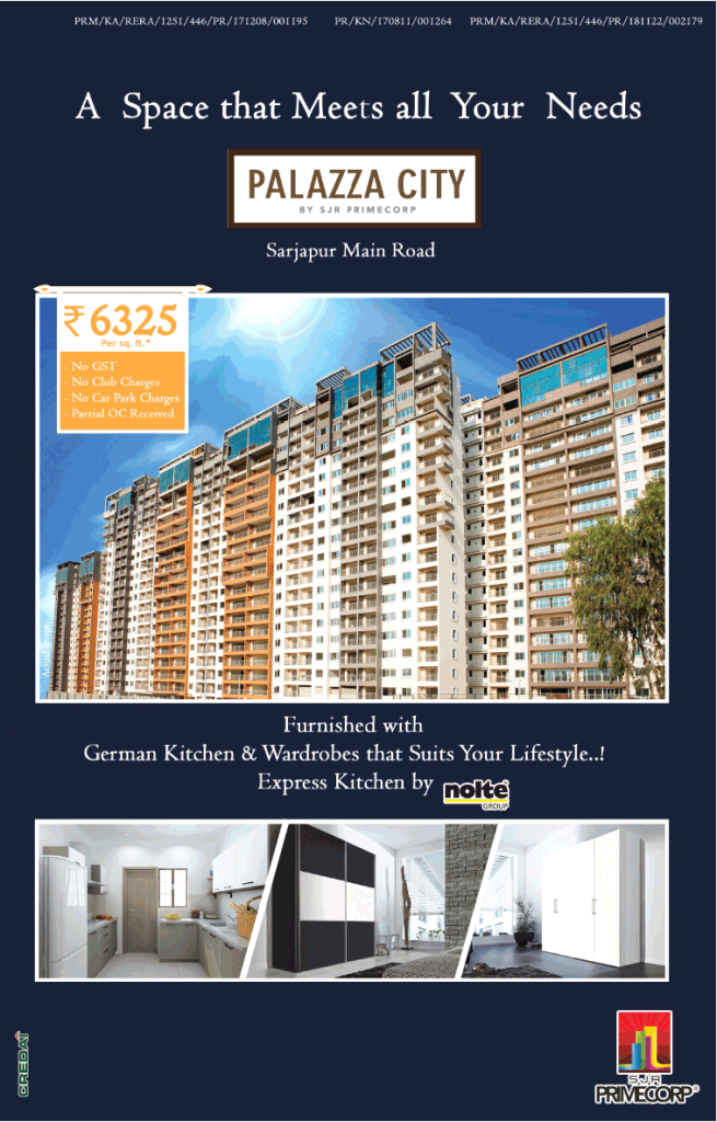 Presenting offer at Rs 6325 per sqft at SJR Palazza City Bangalore Update